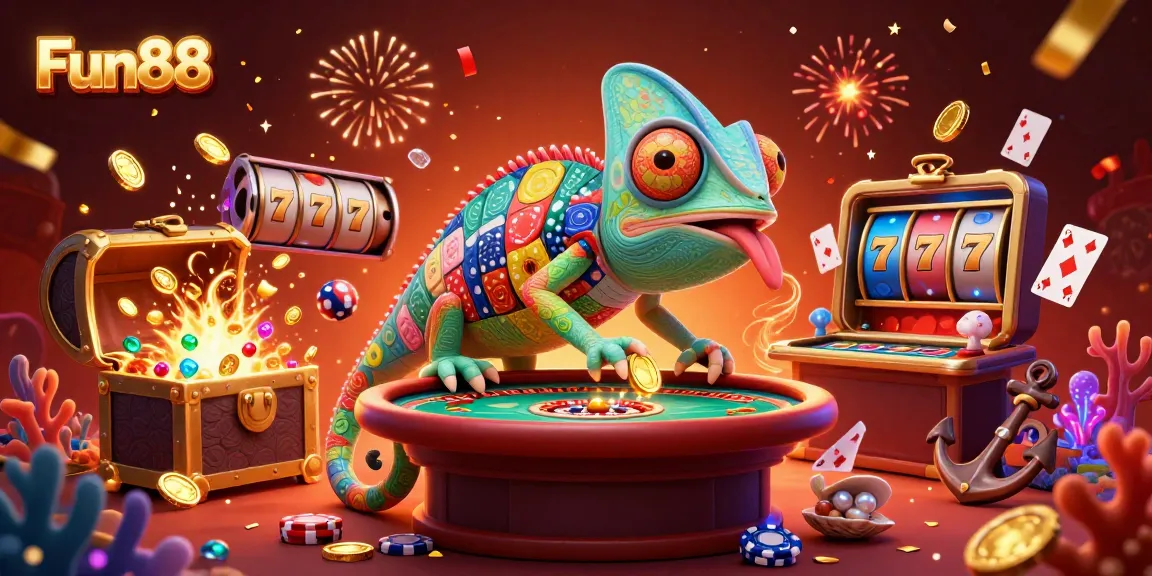 Engage with Fun88's exhilarating casino experience featuring a vibrant chameleon, slot reels, and dynamic game elements.