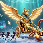 Engage with sunwin đổi thưởng as a colossal golden scarab beetle leads a vibrant casino scene filled with cryptocurrencies.