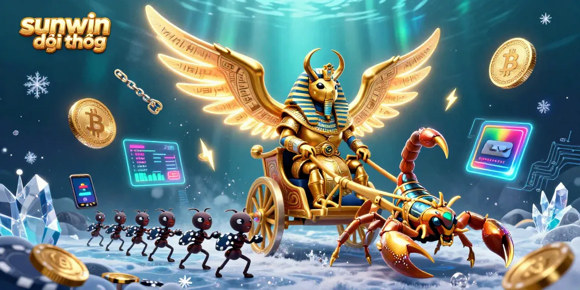 Engage with sunwin đổi thưởng as a colossal golden scarab beetle leads a vibrant casino scene filled with cryptocurrencies.
